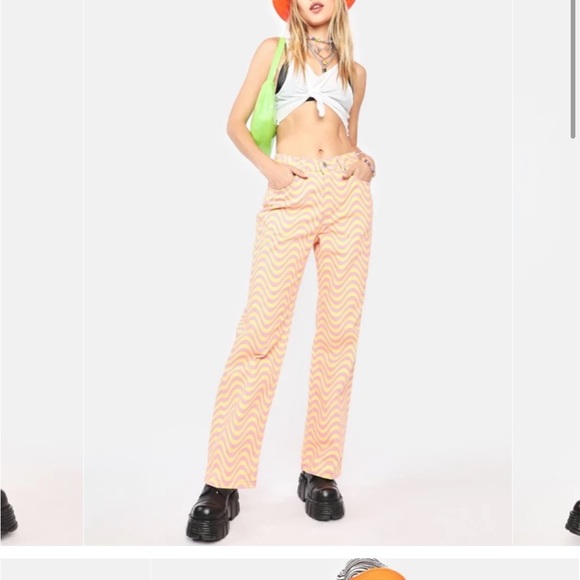 The Ragged Priest Wide Leg Dad Fit Pink White Wave Print Jeans Size 24 - Picture 7 of 8